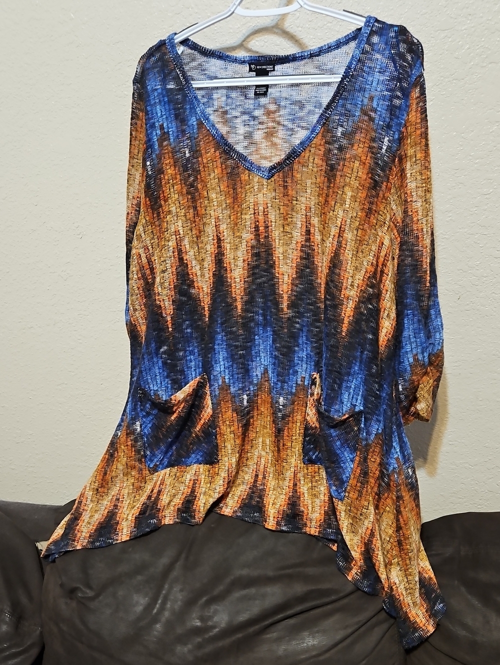 new directions Blue and Orange V-Neck Shark Bite Tunic with Pockets